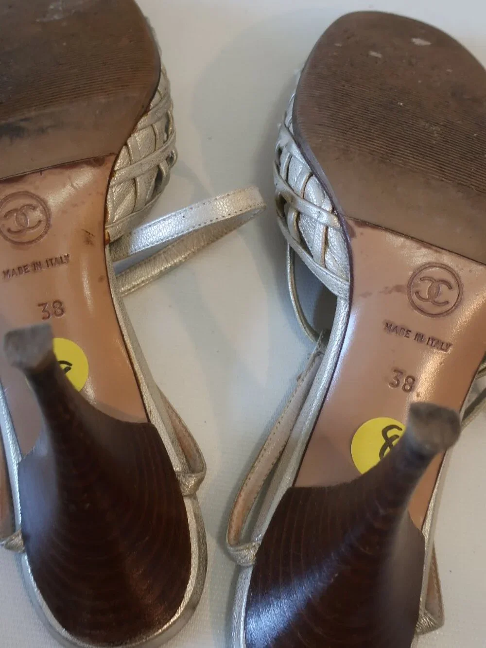 Women Chanel Metallic Champagne Fishnet Leather Ankle Strap Heels 38 EUR/US 8 - Picture 11 of 13